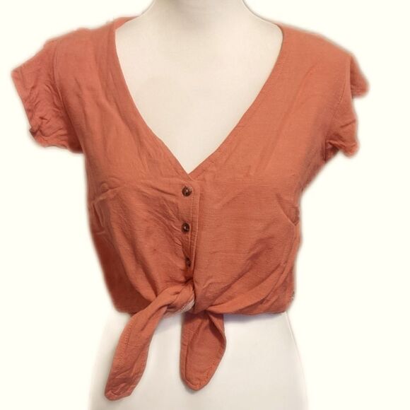 ROXY Sweeter Than This Knotted Crop top, coral pink/orange, linen blend xs - Picture 1 of 10
